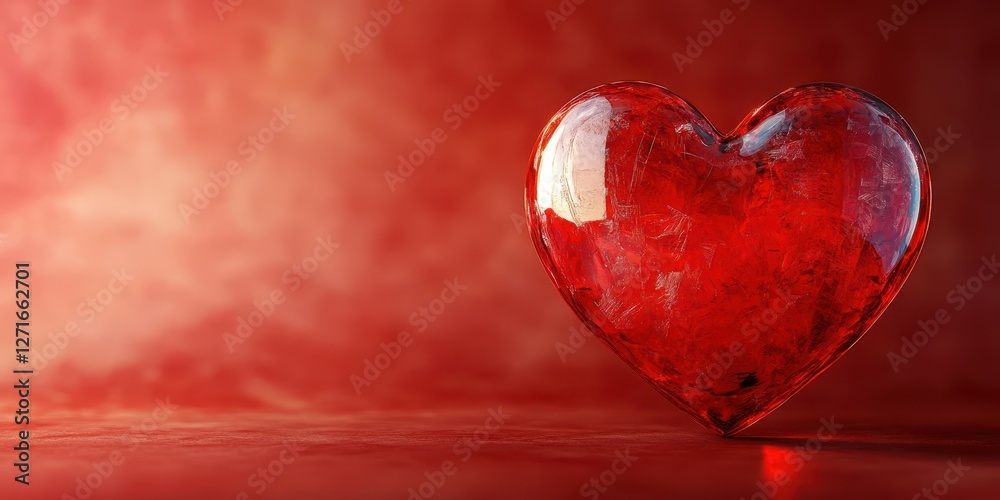 Red heart sculpture reflecting light against a bright red background, symbolizing love and emotion Red heart sculpture reflecting light against a bright red background, symbolizing love and emotion