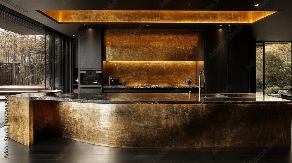 Luxurious Modern Kitchen with Gold Accents Black Cabinetry and Open Layout Luxurious Modern Kitchen with Gold Accents Black Cabinetry and Open Layout