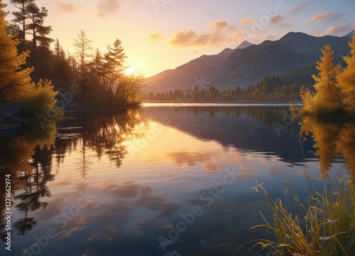 Sunset over a serene lake with yellow and blue silken threads dancing in the breeze , water's surface, gentle wind