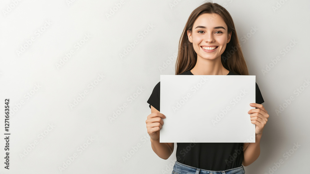 Young woman is holding a blank white poster with copy space, showing it to the viewer and smiling Young woman is holding a blank white poster with copy space, showing it to the viewer and smiling