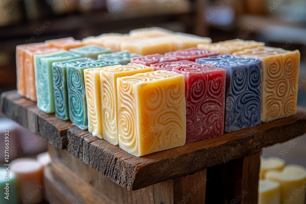 Variety of colorful, intricately designed soap bars arranged on a rustic wooden display, highlighting natural body care products Variety of colorful, intricately designed soap bars arranged on a rustic wooden display, highlighting natural body care products