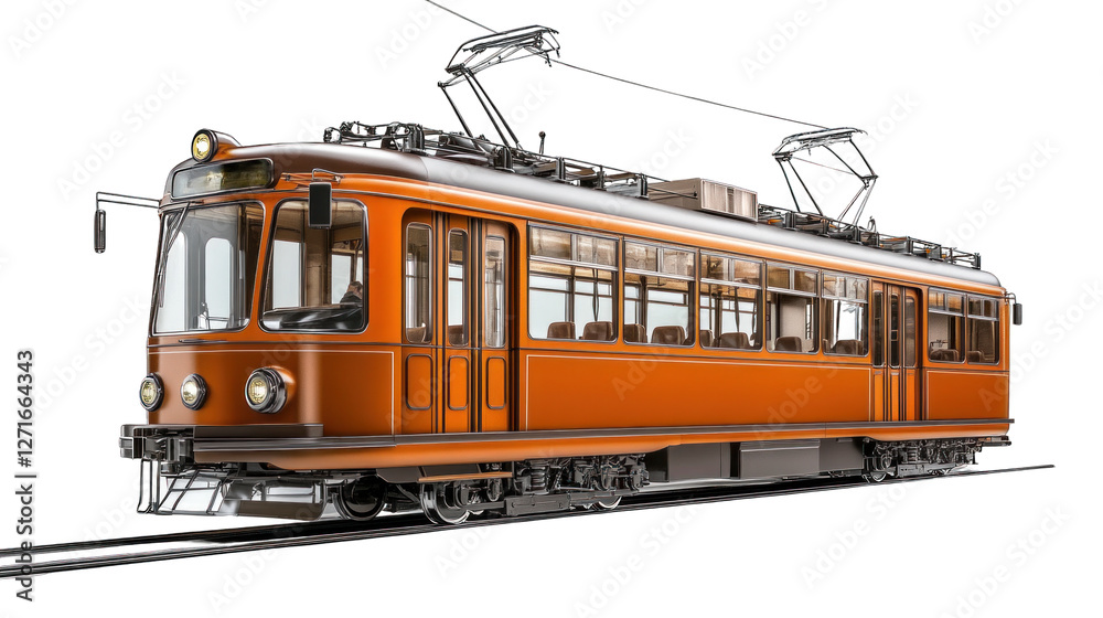 A train with orange and white stripes is on the tracks