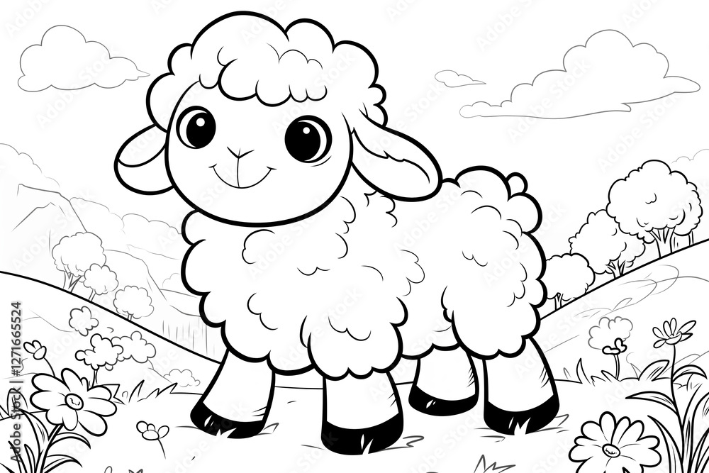 Obraz premium Black and white illustration of a cute sheep in a farm. Kids coloring book page. Concept of rural farm lifestyle