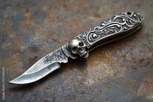 Ornate pocket knife with decorative carvings and skull emblem resting on a metal surface