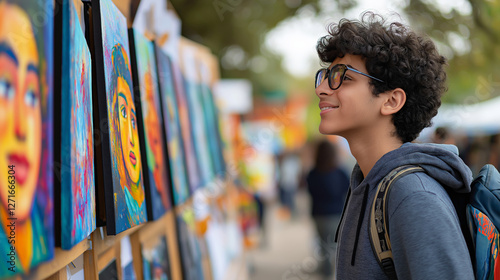 Young woman studying vibrant artworks, standing near outdoor exhibit showcasing diverse cultural portraits with keen interest