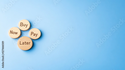 Buy Now Pay Later message is spelled out with wooden alphabet discs placed on a minimalist blue background, representing a popular payment option photo