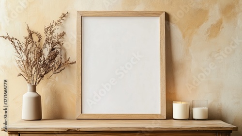 Beige wall with blank wooden frame. Minimalist flat lay design. Natural wooden frame.