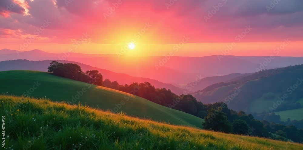 Obraz premium The sun rises above the rolling hills with gentle warmth, sunrise, peaceful, soft pink