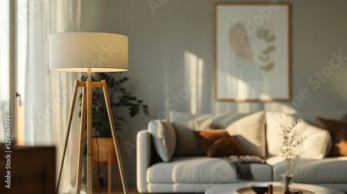 A sleek brass tripod floor lamp standing in a softly blurred modern living room with mid-century furniture and earthy tones.