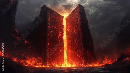 Of fiery gates of hell with lava and flames, inferno, underworld, demonic, hellfire, abyss, underworld, blazing, infernal. Brimstone. Illustration
