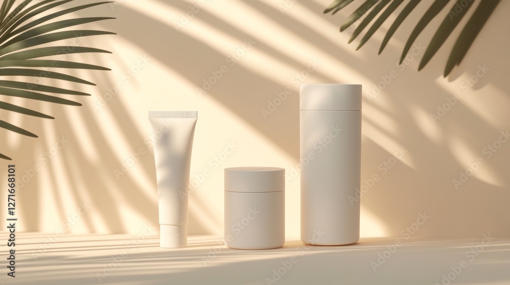 Cosmetic containers in white, such as a tube, jar, and dispenser, displayed on a beige background with a palm leaf shadow. These containers are commonly used in advertising and promotions. Cosmetic containers in white, such as a tube, jar, and dispenser, displayed on a beige background with a palm leaf shadow. These containers are commonly used in advertising and promotions.