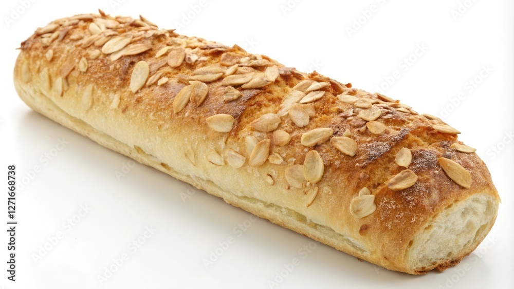 Toasted almond-crusted baguette with a crispy, golden-brown crust and a soft interior, culinary presentation, french bakery, texture contrast, baked goods Toasted almond-crusted baguette with a crispy, golden-brown crust and a soft interior, culinary presentation, french bakery, texture contrast, baked goods
