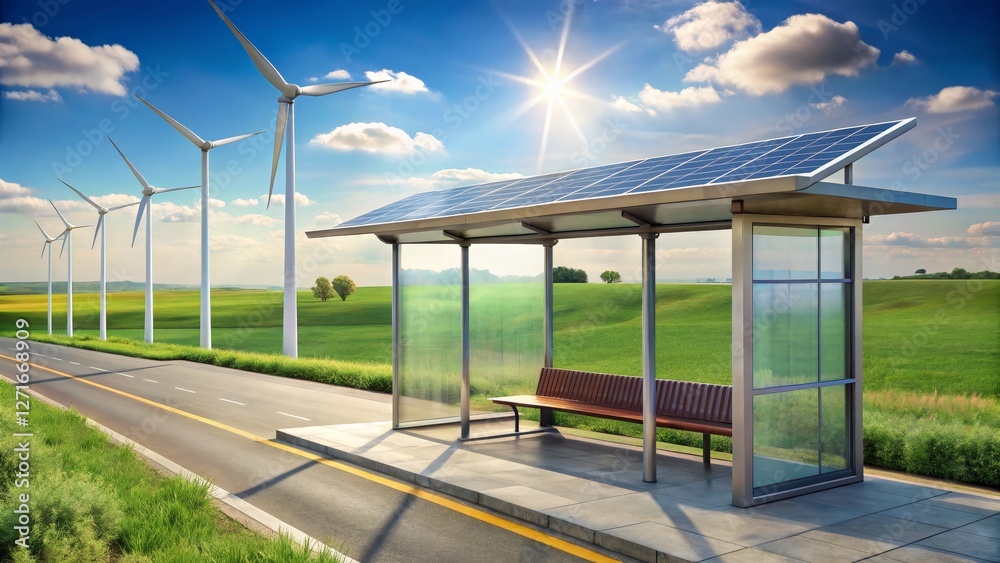 Modern Bus Stop with Solar Panels and Wind Turbines on Landscape Modern Bus Stop with Solar Panels and Wind Turbines on Landscape