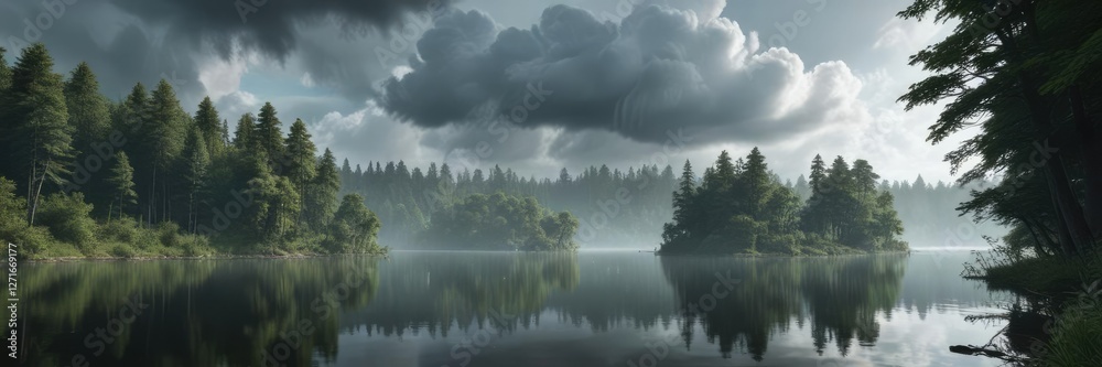 Fototapeta premium Towering cloud formations above a serene black lake surrounded by lush greenery and towering trees in misty weather , nature scenery, atmospheric cloud