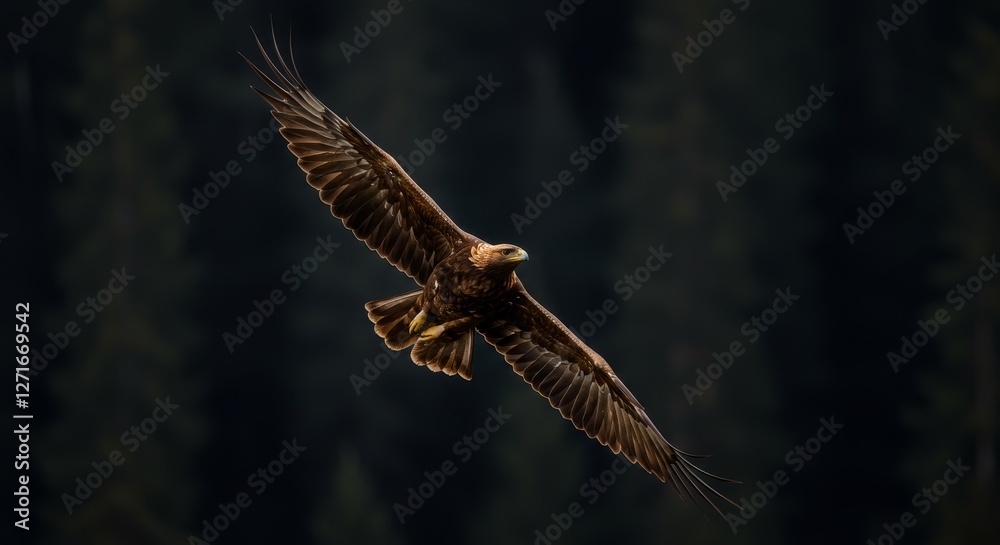 Obraz premium Golden Eagle in Flight - Majestic golden eagle soaring through the dark forest, wings spread wide. A powerful symbol of freedom and nature