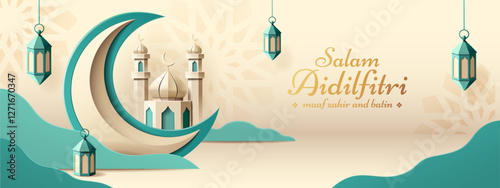Islamic Festive Salam Aidilfitri - Paper Art Origami Mosque and Crescent Moon