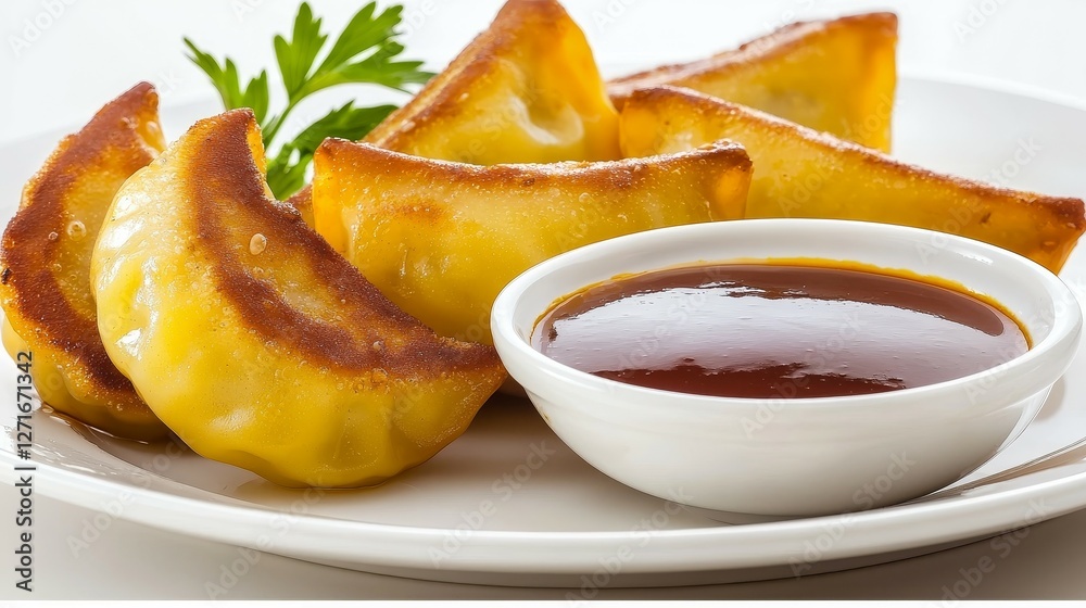 Famous Food of Korean concept. Delicious golden dumplings served with a side of dipping sauce. Famous Food of Korean concept. Delicious golden dumplings served with a side of dipping sauce.