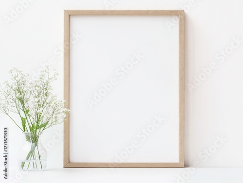 Elegant frame on a clean white wall. Vase of delicate white flowers adds a soft touch of nature