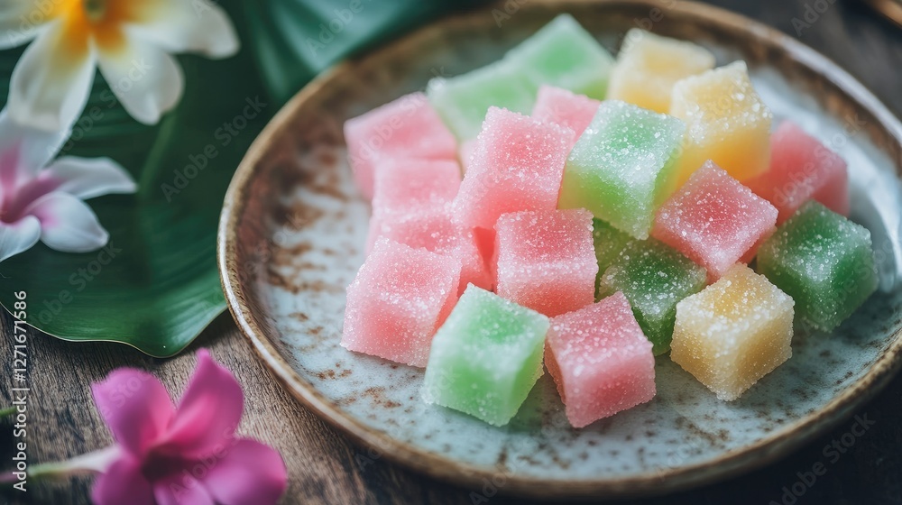 A traditional Thai dessert Aalaw candy in pink, green, and yellow pastel shades, served on a ceramic plate with fresh flowers. A traditional Thai dessert Aalaw candy in pink, green, and yellow pastel shades, served on a ceramic plate with fresh flowers.