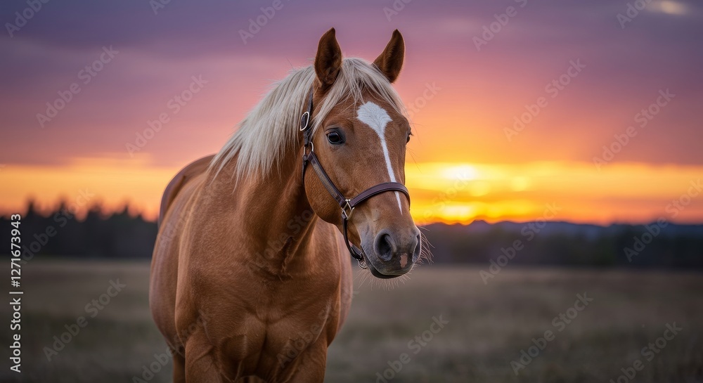 Naklejka premium Majestic Horse at Sunset - A stunning chestnut horse stands in a field at sunset, silhouetted against a vibrant sky. Its coat gleams in the golden light
