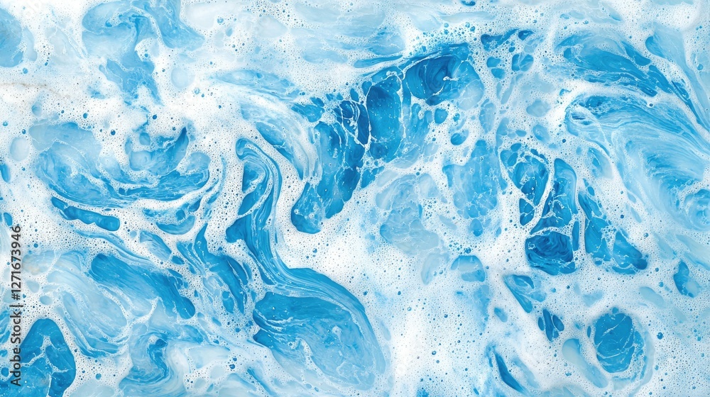 Obraz premium Close-up of shiny detergent foam, soap bubbles forming intricate patterns on a light blue water surface.