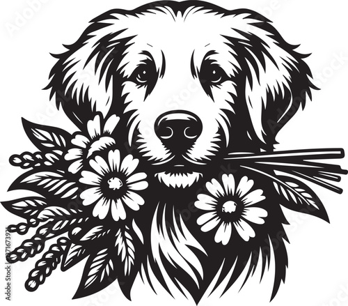 Adorable Golden Retriever Puppy with Floral Bouquet. A captivating black and white graphic illustration of a golden retriever puppy, seemingly holding a bouquet of flowers in its mouth.