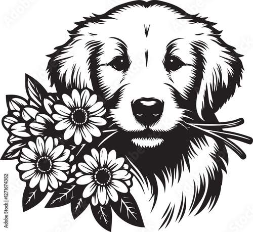 Adorable Golden Retriever Puppy with Floral Bouquet. A captivating black and white graphic illustration of a golden retriever puppy, seemingly holding a bouquet of flowers in its mouth.