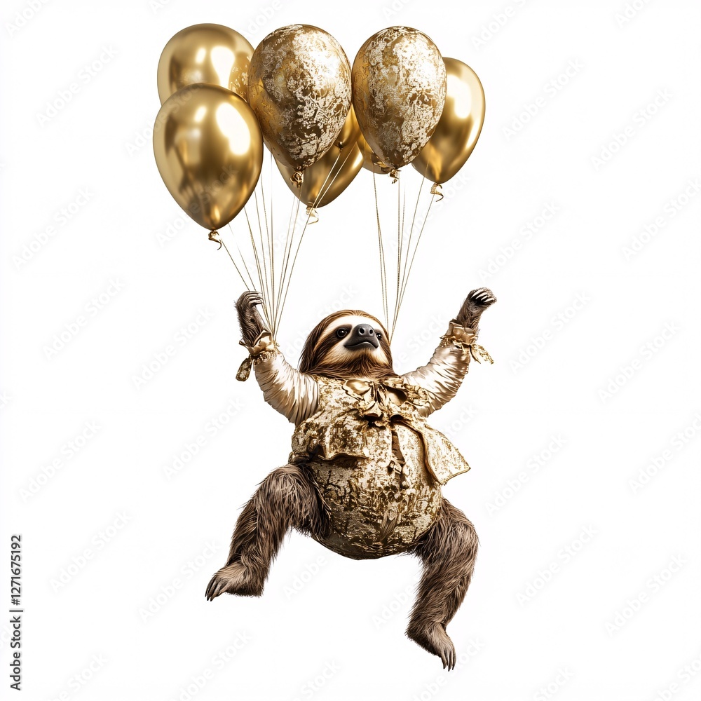 Sloth in a Fancy Outfit Holding Gold Balloons While Floating Sloth in a Fancy Outfit Holding Gold Balloons While Floating