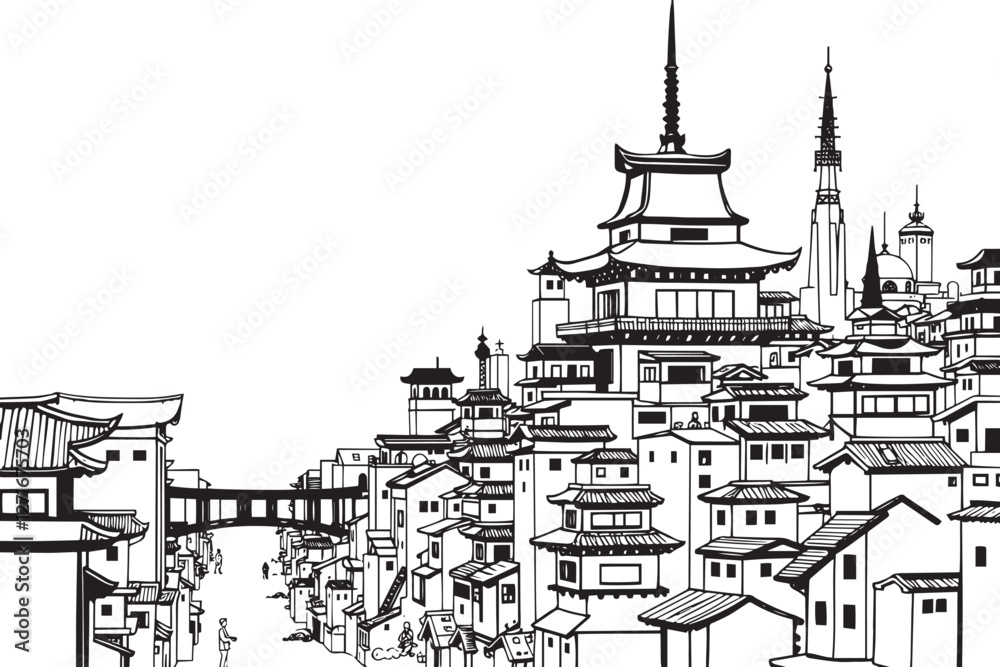 Fototapeta premium City landscape. Different buildings on street, outline cityscape hand sketch, flat houses. Hand drawn vector illustration