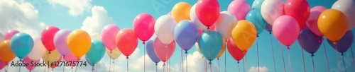 A bunch of balloons in different shapes and sizes rising high, ascending, buoyant