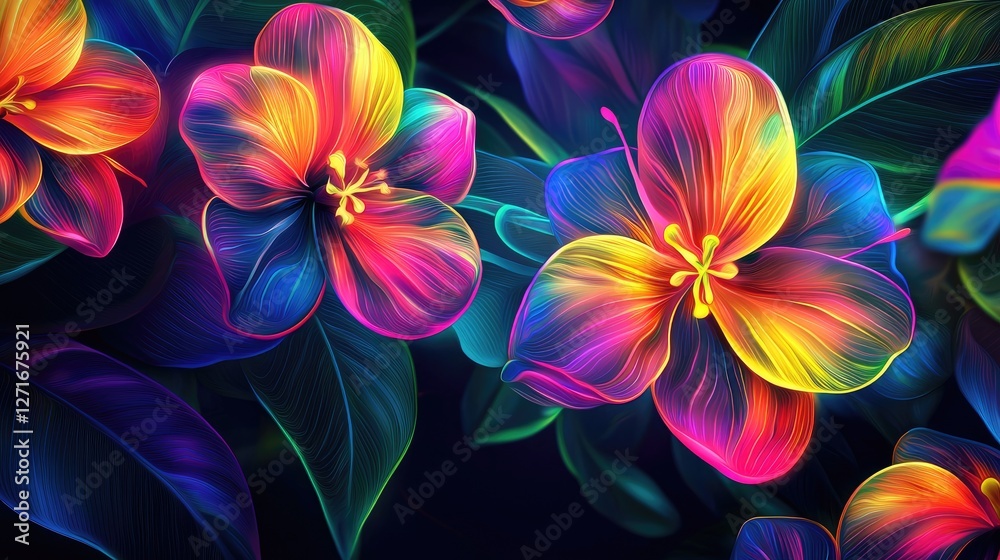 Vibrant neon flowers and leaves create a mesmerizing floral display Vibrant neon flowers and leaves create a mesmerizing floral display