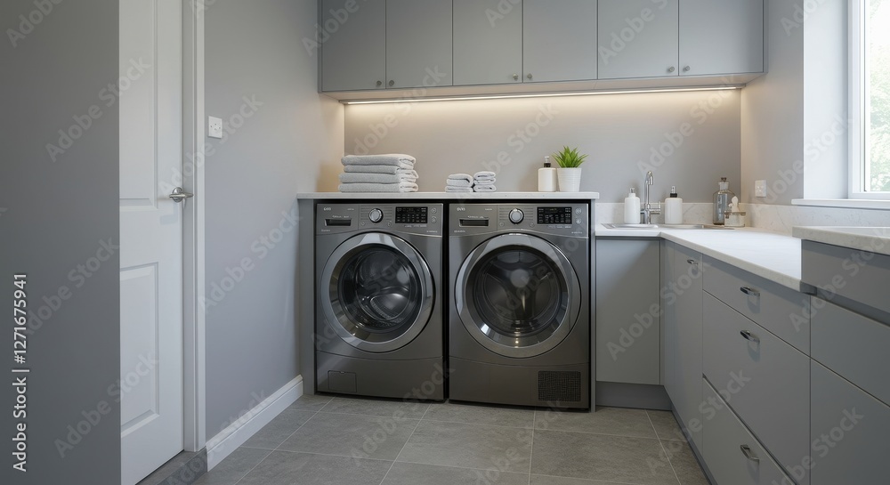 Modern Laundry Room Design with Washer and Dryer - Clean, efficient laundry space. Modern appliances, gray cabinetry, and ample counter space. Organized, functional, and stylish design. Peaceful Modern Laundry Room Design with Washer and Dryer - Clean, efficient laundry space. Modern appliances, gray cabinetry, and ample counter space. Organized, functional, and stylish design. Peaceful