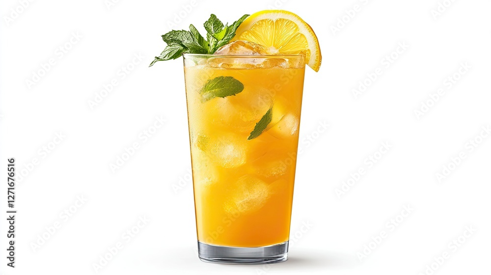 Fototapeta premium Refreshing mojito cocktail in a tall glass with lemon slices, fresh mint, and ice cubes, set against a bright white background.