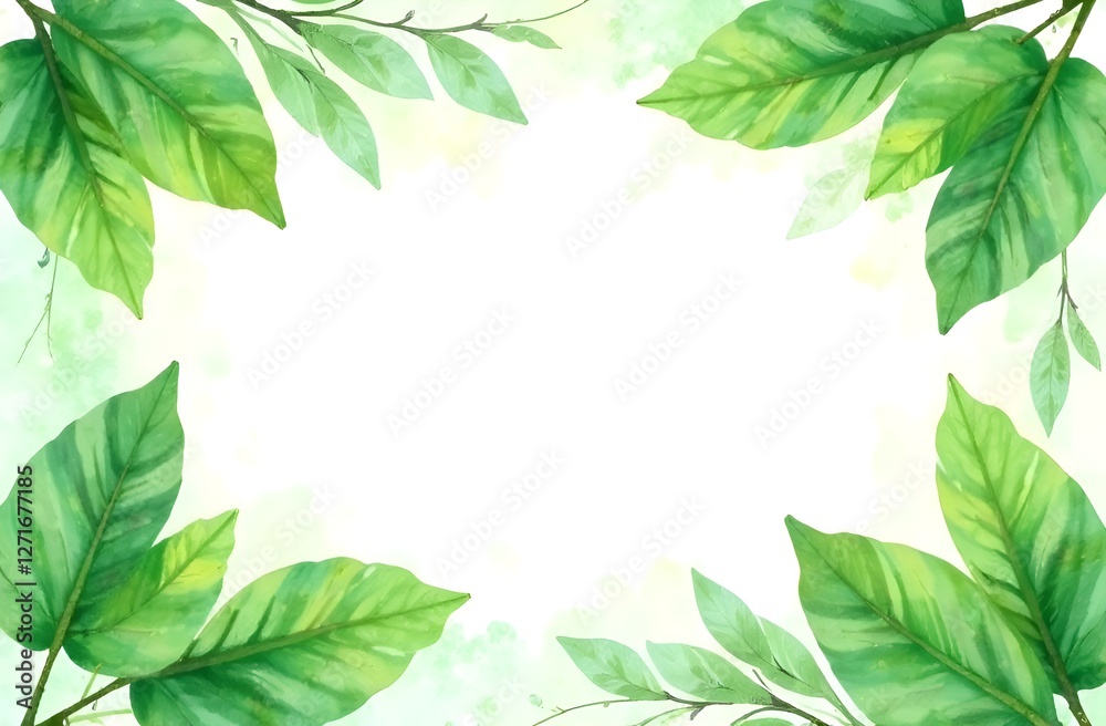 Fototapeta premium Frame made from green leaves with white background. Copy space