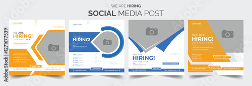 Join our team banners. We are hiring communication poster, help wanted advertising banner with speaker and vacant badge. Hr recruiting hire, vacancy job offer isolated vector signs set
