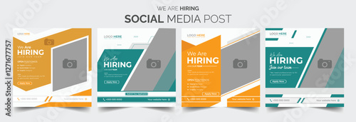Join our team banners. We are hiring communication poster, help wanted advertising banner with speaker and vacant badge. Hr recruiting hire, vacancy job offer isolated vector signs set