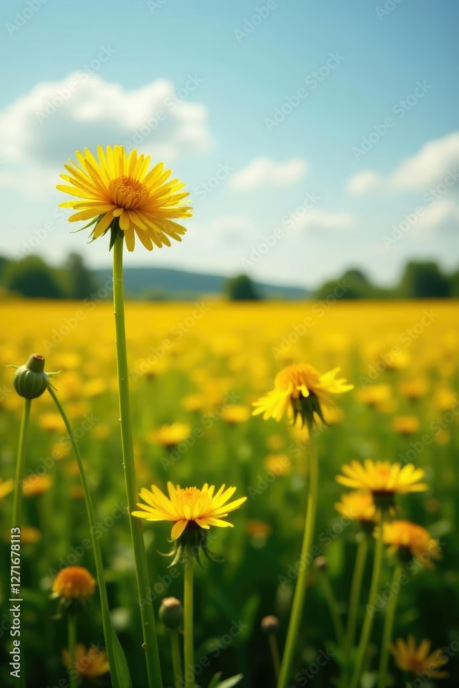 Fototapeta premium Field of golden dandelions swaying in the wind, wildflowers, landscape