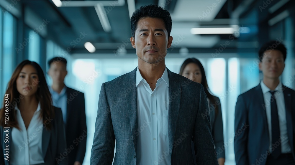 An Asian boss leading a diverse team in a high-tech office setting. An Asian boss leading a diverse team in a high-tech office setting.
