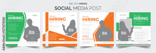 Join our team banners. We are hiring communication poster, help wanted advertising banner with speaker and vacant badge. Hr recruiting hire, vacancy job offer isolated vector signs set
