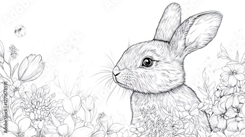 Cute rabbit in floral illustration, coloring page, kids photo