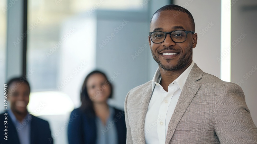 A Black boss confidently standing in front of their team during a presentation. A Black boss confidently standing in front of their team during a presentation.