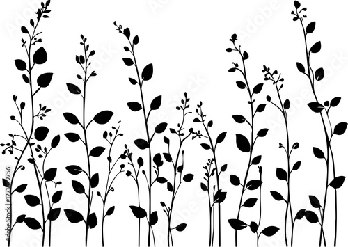 Small leaf plant silhouette pattern wallpaper. Black and white. minimal artwork. simple template. tattoo design. card and package. PNG tranparent.