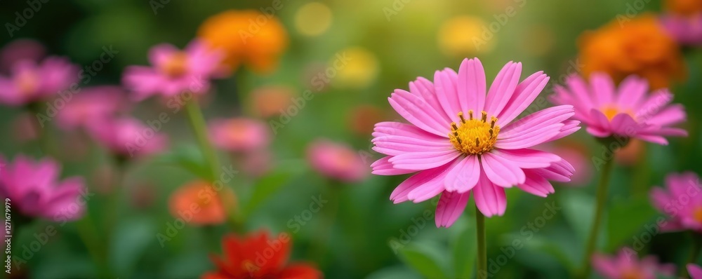 Pink aster in a garden among other colorful blooms, gardens, blooms Pink aster in a garden among other colorful blooms, gardens, blooms