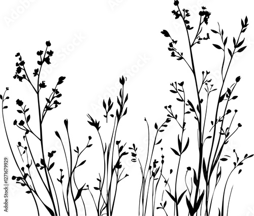 Small leaf plant silhouette pattern wallpaper. Black and white. minimal artwork. simple template. tattoo design. card and package. PNG tranparent.
