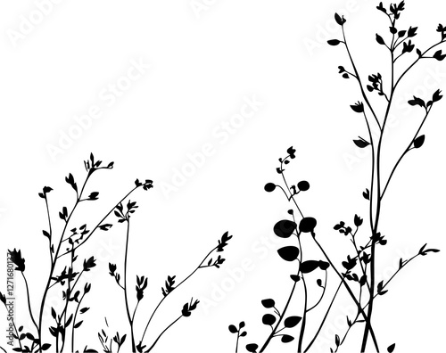 Small leaf plant silhouette pattern wallpaper. Black and white. minimal artwork. simple template. tattoo design. card and package. PNG tranparent.