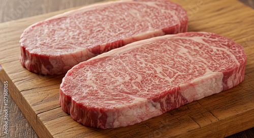 Premium Wagyu Steaks on Wooden Board - Two succulent raw wagyu strip steaks, marbled with rich fat, rest on a rustic wooden cutting board. Symbolizing luxury, quality, culinary excellence, indulgence