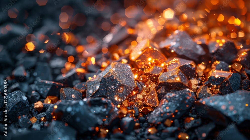 Brightly glowing embers sit atop a bed of dark coal, casting a warm orange light in a dimly lit environment, evoking feelings of warmth and intensity.