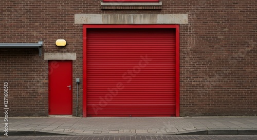 Red Rolling Shutter Door on Brick Building - A vibrant red rolling shutter door contrasts against a classic brick building, symbolizing security, privacy, industry, urban architecture, and potential