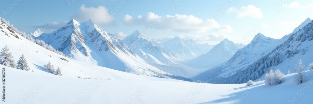 Serene snowy landscape with snow-capped mountains in the background, whiteout, icy hills, wintery Serene snowy landscape with snow-capped mountains in the background, whiteout, icy hills, wintery