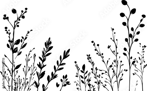 Small leaf plant silhouette pattern wallpaper. Black and white. minimal artwork. simple template. tattoo design. card and package. PNG tranparent.